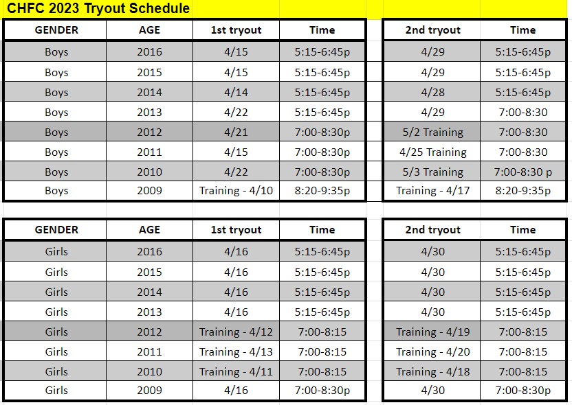 CHFC 2023 Tryout Schedule